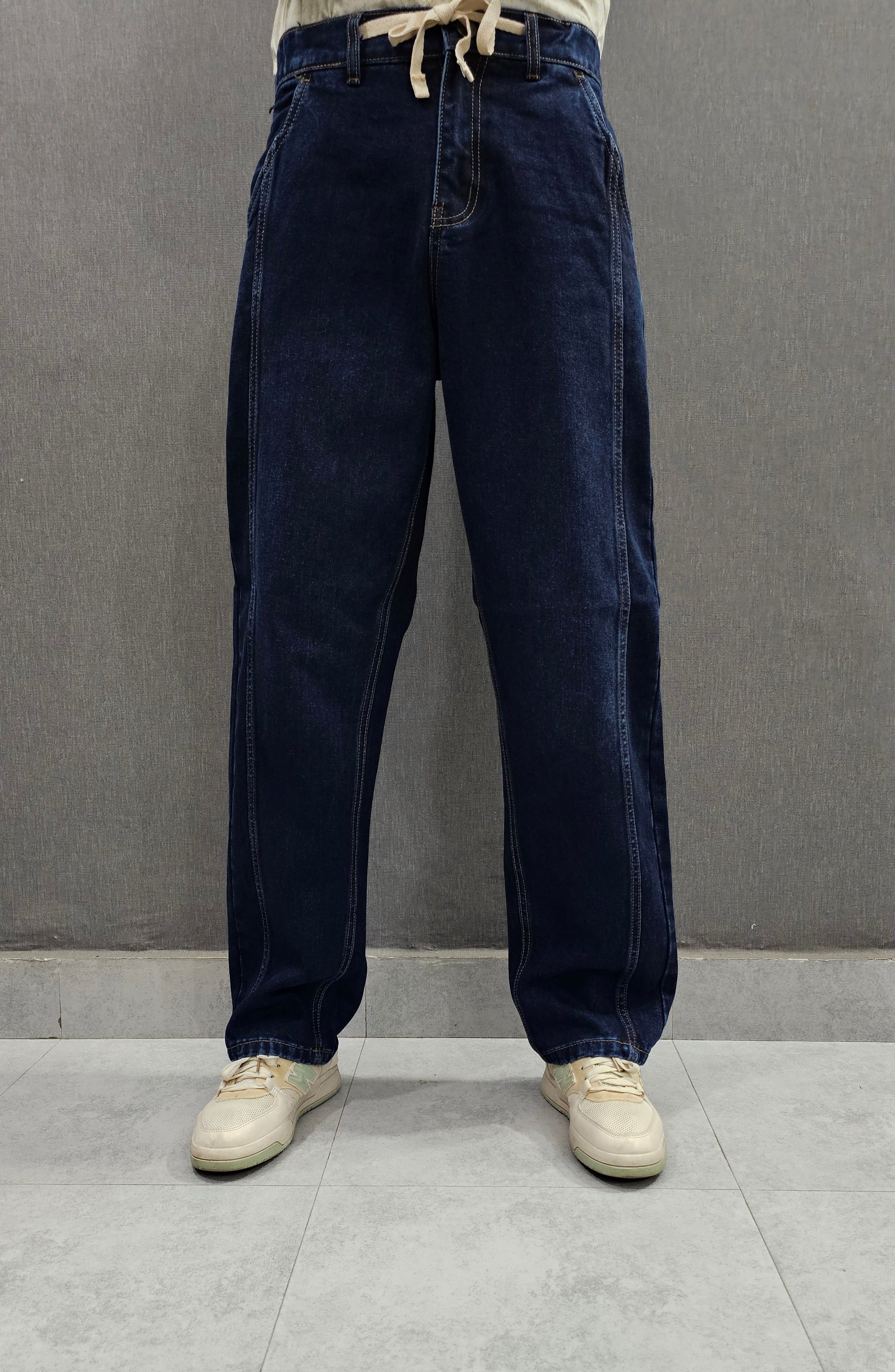 Dark Blue Front Double Stitch Loose Fit Jeans, soft comfortable non stretch Denim.