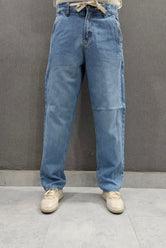 Sky Blue Front Double Stitch Loose Fit Jeans, soft comfortable non stretch Denim.