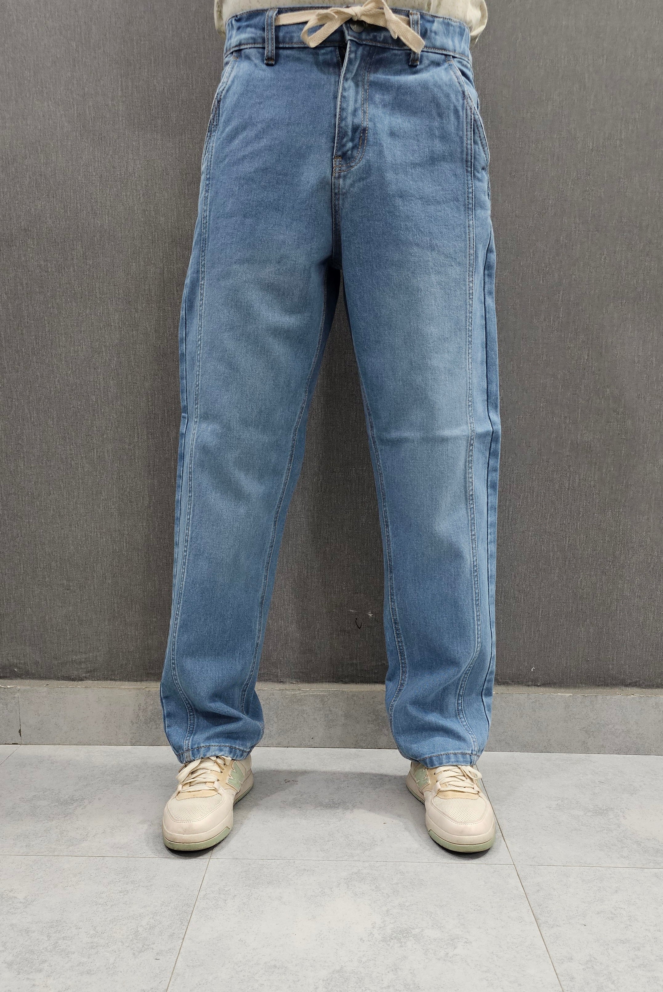 Sky Blue Front Double Stitch Loose Fit Jeans, soft comfortable non stretch Denim.
