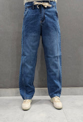 Mid Blue Front Double Stitch Loose Fit Jeans, soft comfortable non stretch Denim.