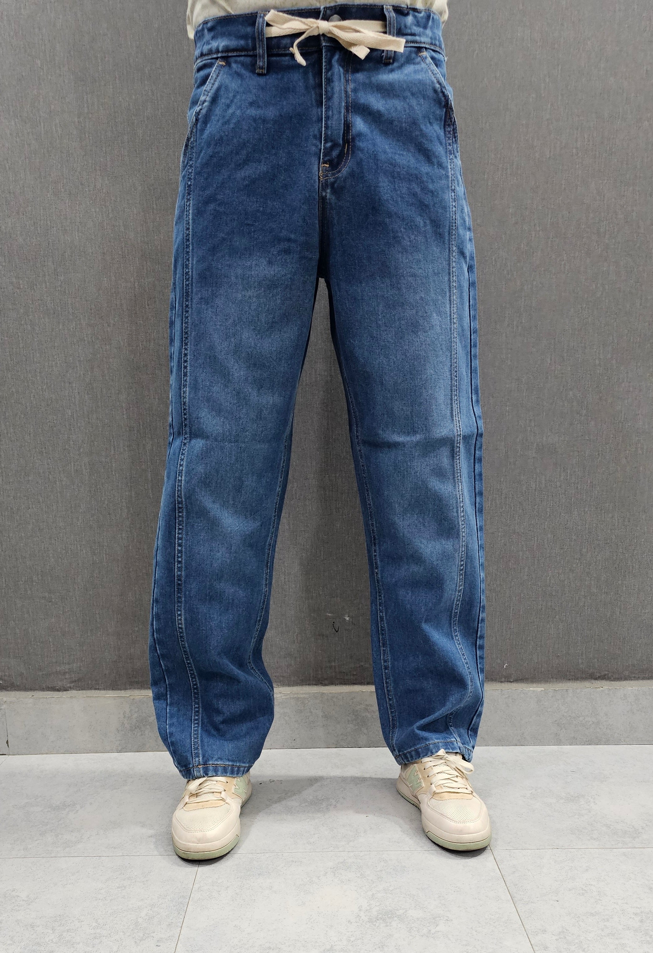 Mid Blue Front Double Stitch Loose Fit Jeans, soft comfortable non stretch Denim.