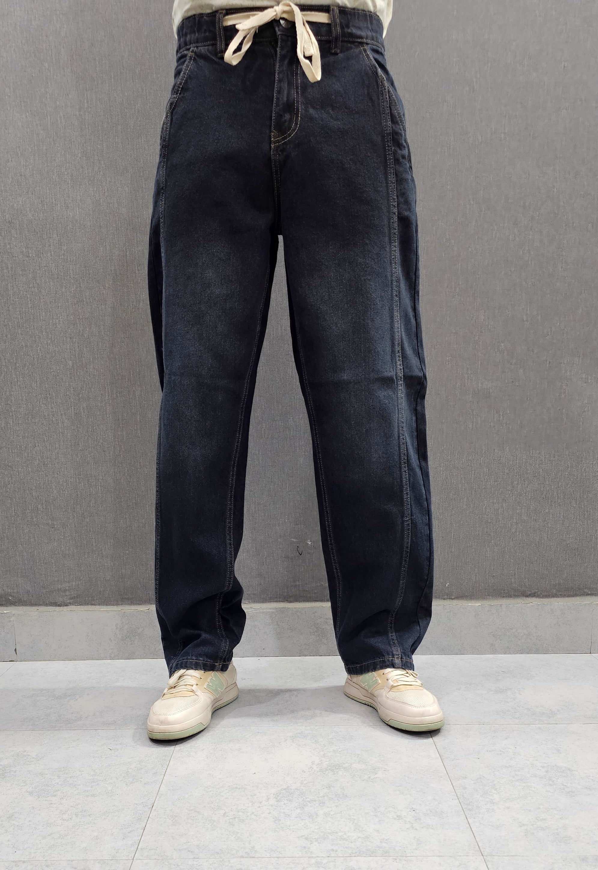 Black Faided Front Double Stitch Loose Fit Jeans, soft comfortable non stretch Denim.