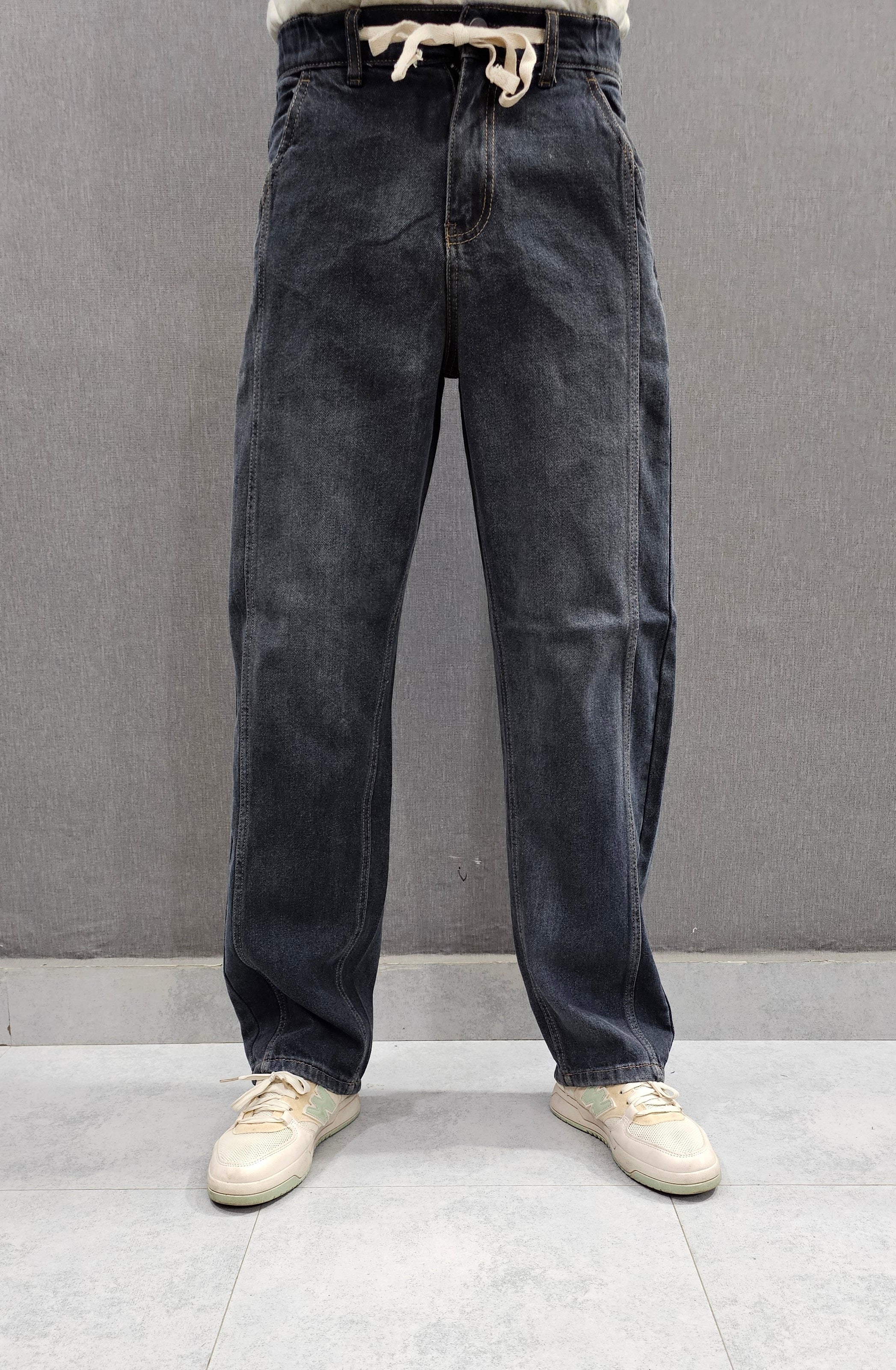 Grey Front Double Stitch Loose Fit Jeans, soft comfortable non stretch Denim.