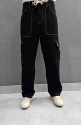 Black with white stitch. Denim Legacy Loose Fit Jeans, 6 pocket Ballow, soft comfortable non stretch Denim.