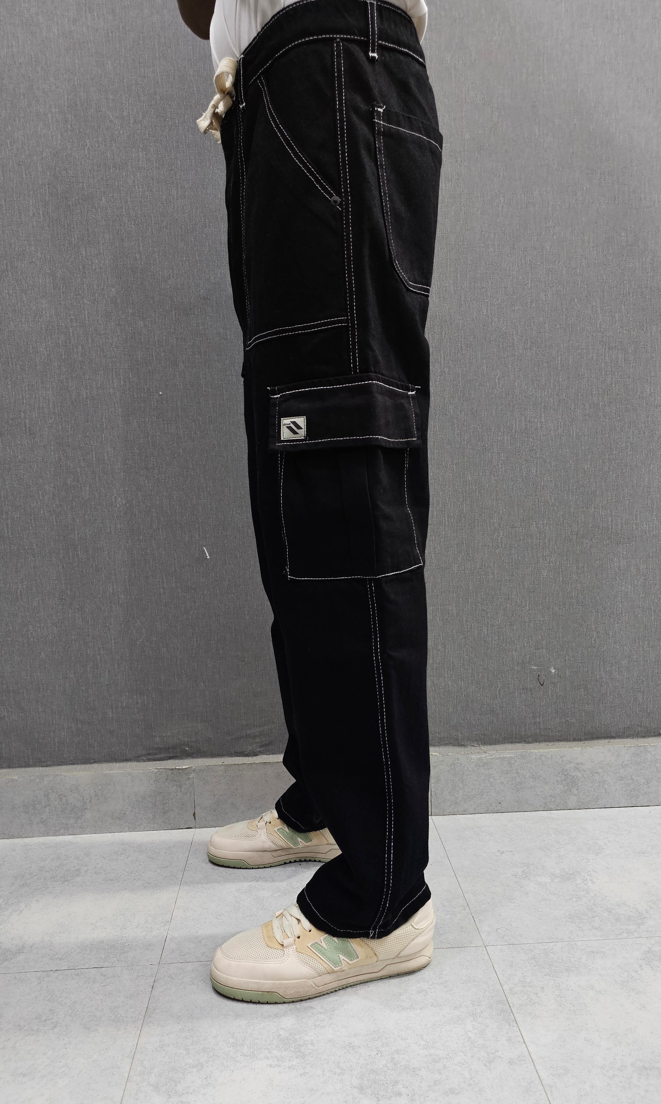 Black with white stitch. Denim Legacy Loose Fit Jeans, 6 pocket Ballow, soft comfortable non stretch Denim.