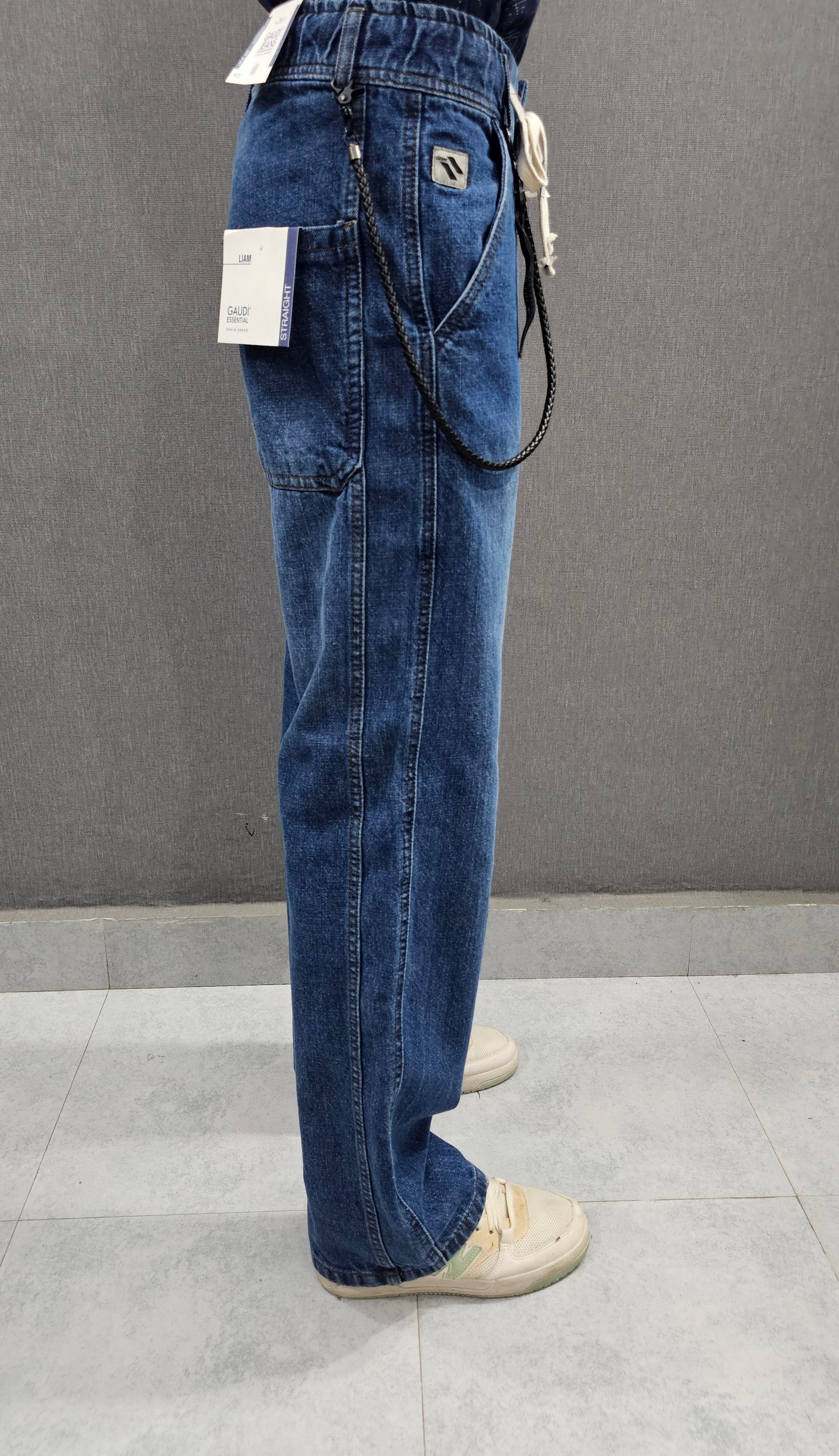 GD- Mid Blue. Loose Fit Jeans, side stitch panel with chain, soft comfortable non stretch Denim.