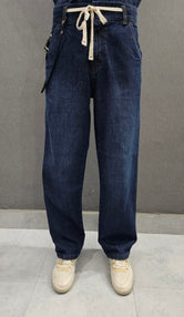 GD - Dark Blue. Loose Fit Jeans, side stitch panel with chain, soft comfortable non stretch Denim.