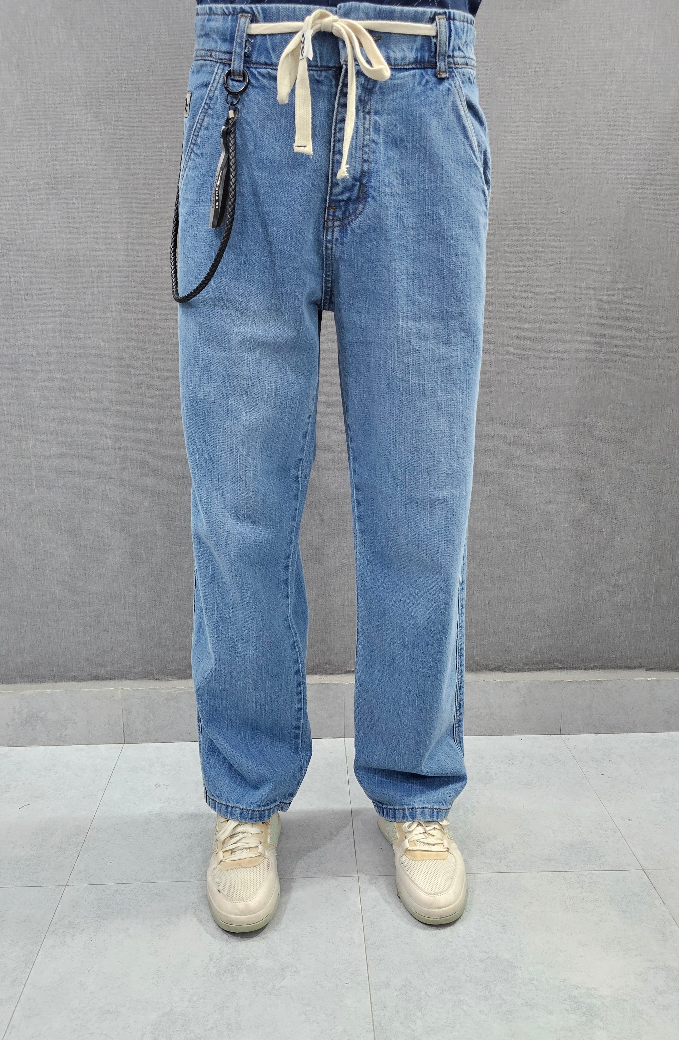 GD- Light Blue. Loose Fit Jeans, side stitch panel with chain, soft comfortable non stretch Denim.