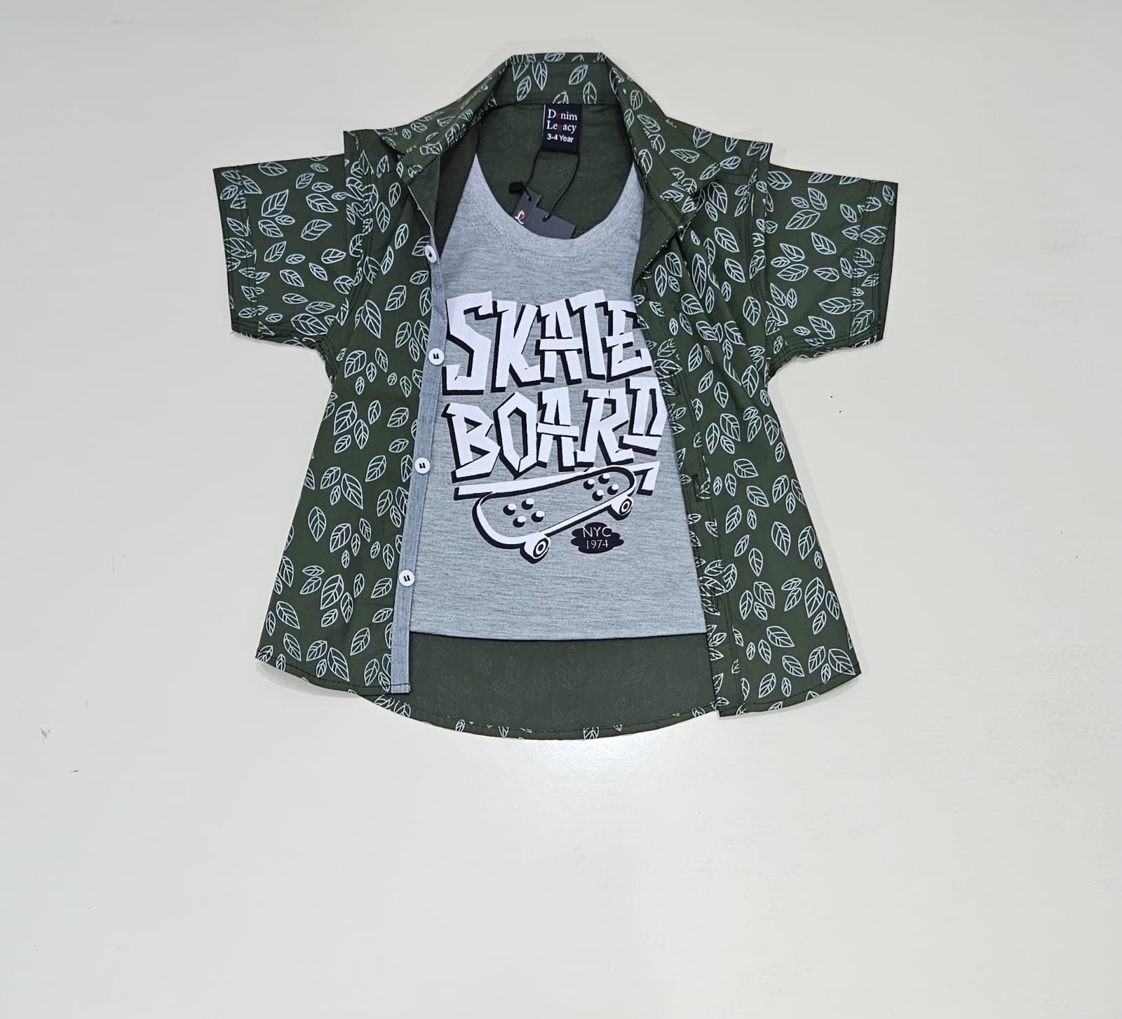 Boys Double shirt, Green print with inside grey printed tshirt.
