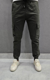 Mens Jogger Cargo Trousers, cotton Stretch Fabric Dark Green
