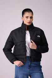 Black Ladies Quilted Puffer Jacket in Imported Fabric