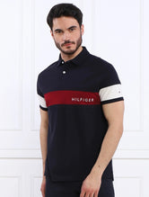 TH- Mens PiQue cotton contrast pannel polo shirts. Navy Blue