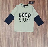 Boys Fashion T-shirts Full sleeves in Cotton Jersey Fabric, Beige colour with blue contrast