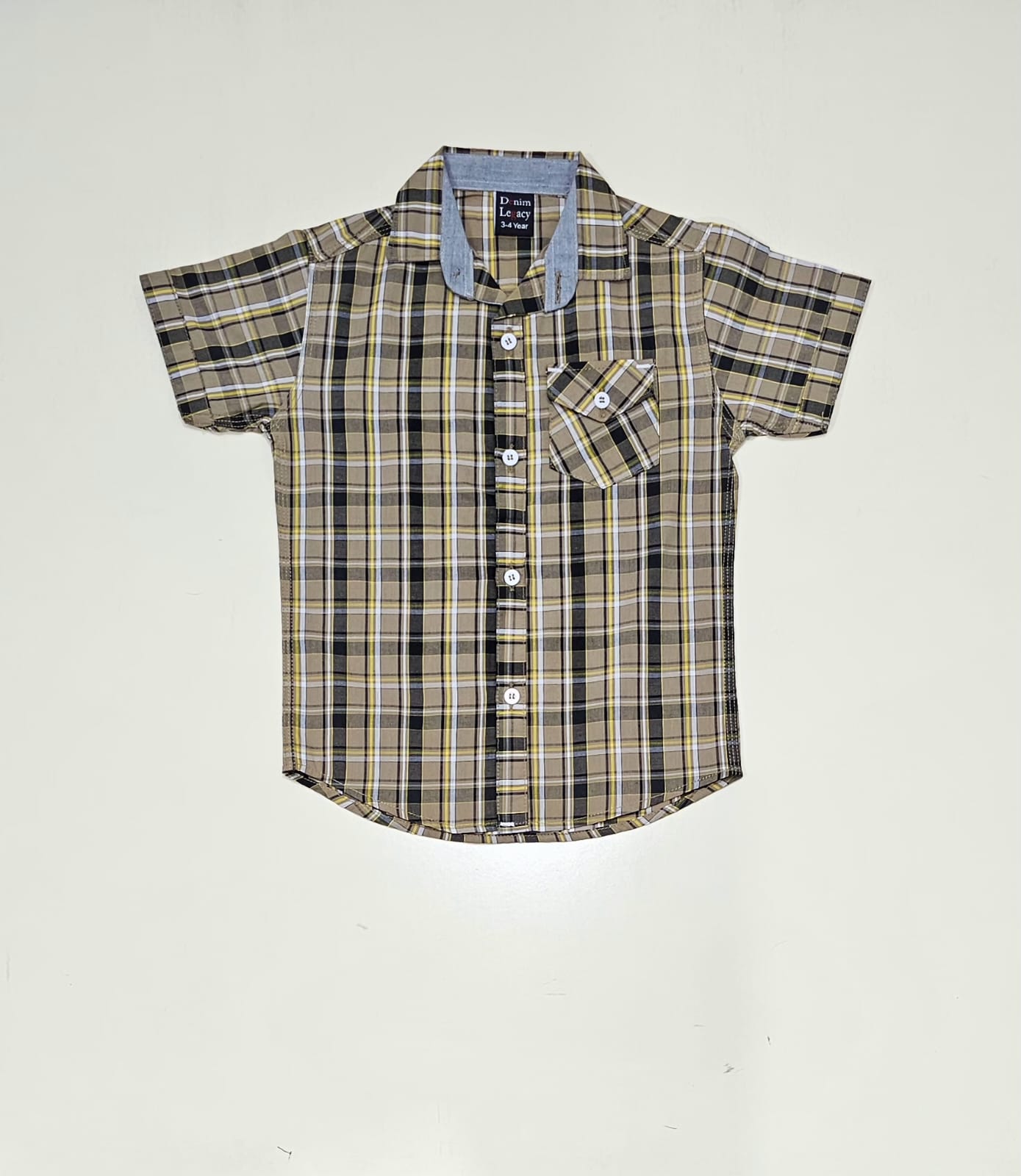 Khakhi & Black check Boys Half Sleeve Casual Shirts