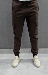 Mens Jogger Cargo Trousers, cotton Stretch Fabric Brown